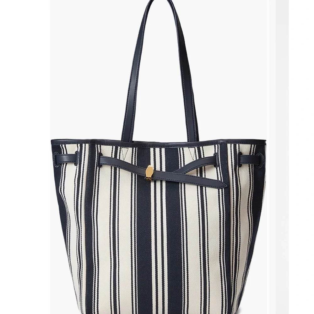 Veronica Beard Stripe Canvas Dash Tote Bag Navy White Striped Leather Trim Large